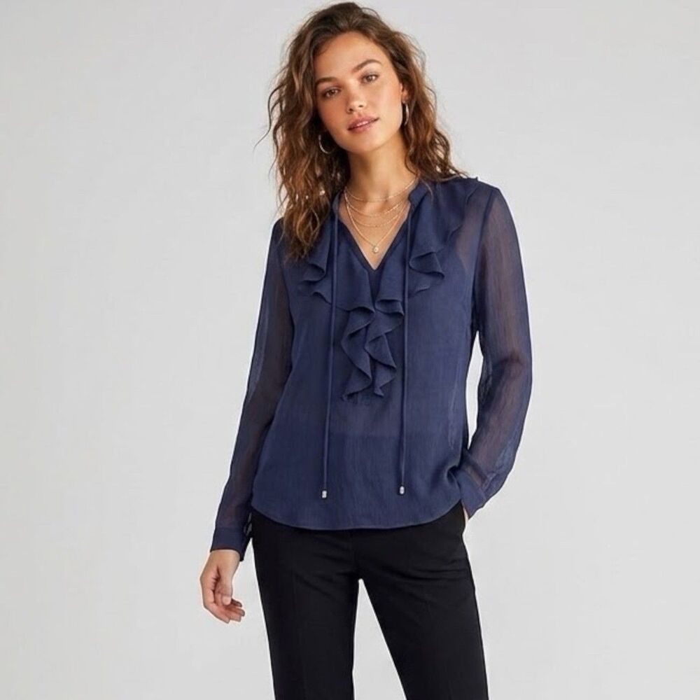 Tommy Hilfiger Blouse Medium Ruffle Top Long Sleeve Blue Preppy Office Work Wear